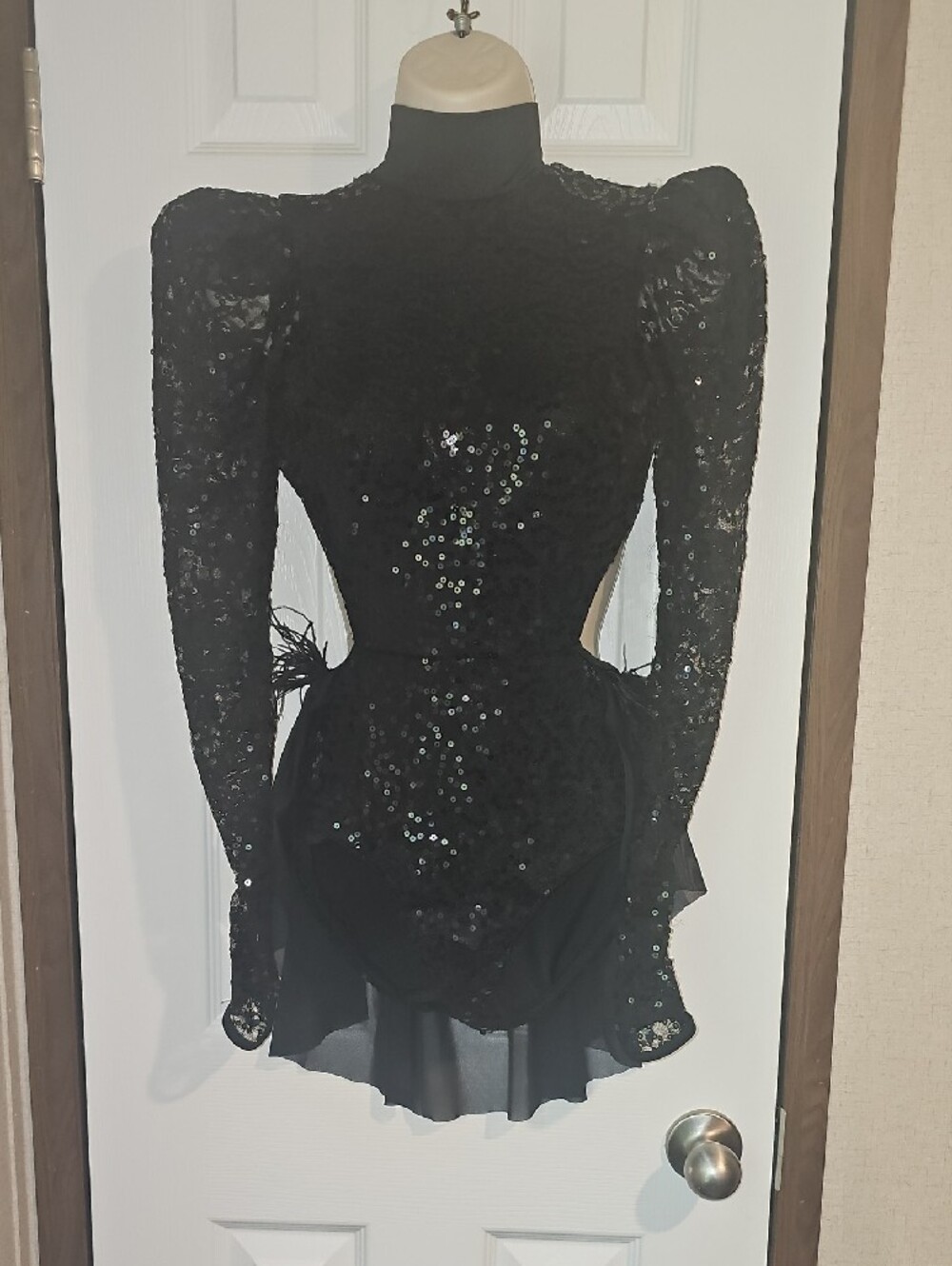 Weissman SA (woman's small) Black Leotard Sequins, Mesh, Feathers Used